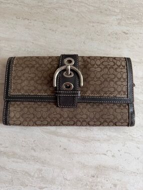 Coach Signature Jacquard Continental Wallet in Brown and Dark Brown